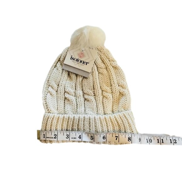 Isotoner Ivory Cable Knit Beanie Cap with Pom New - Picture 3 of 5